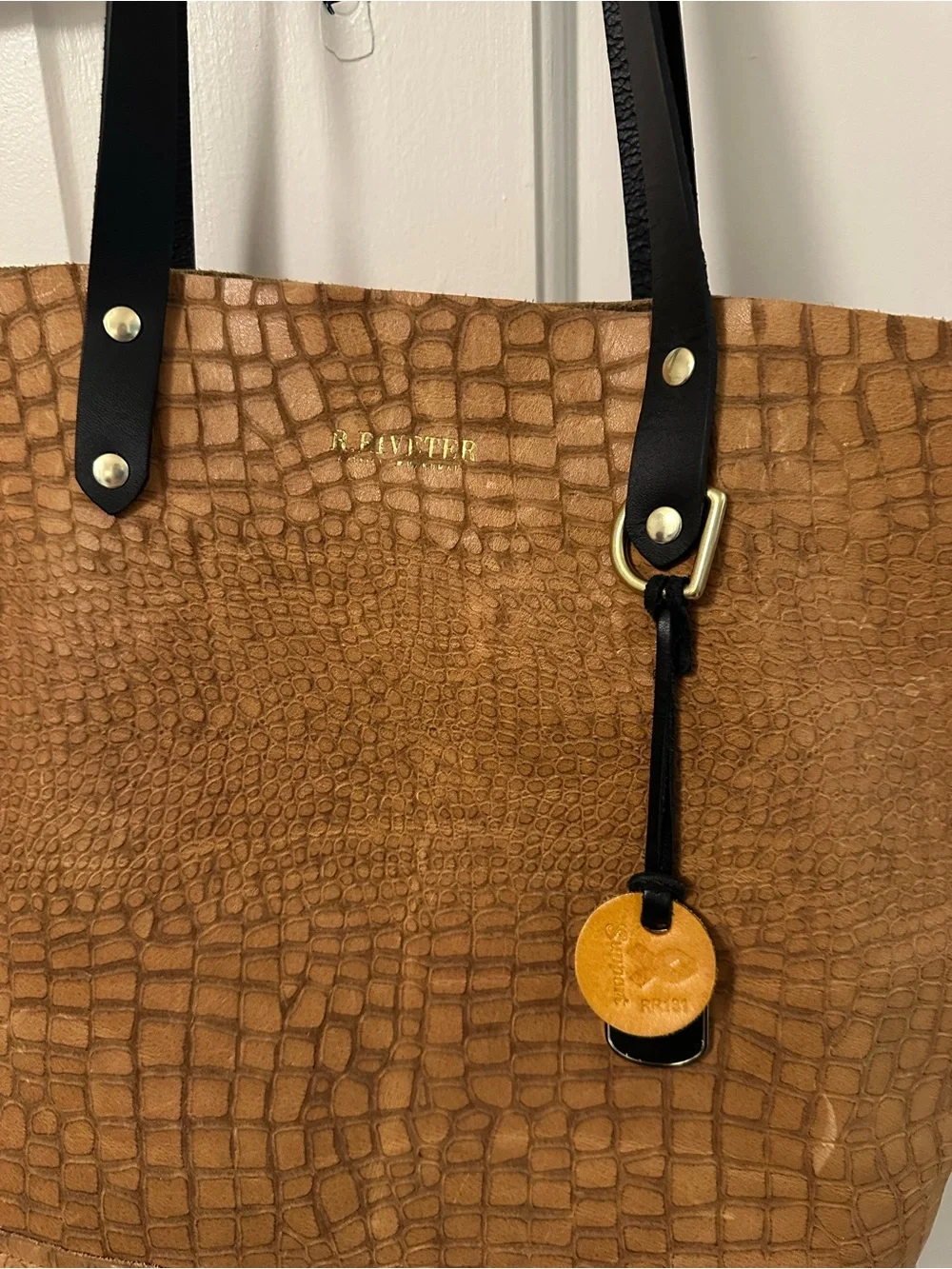Cognac Croc-Embossed Suede Tote with Black Straps